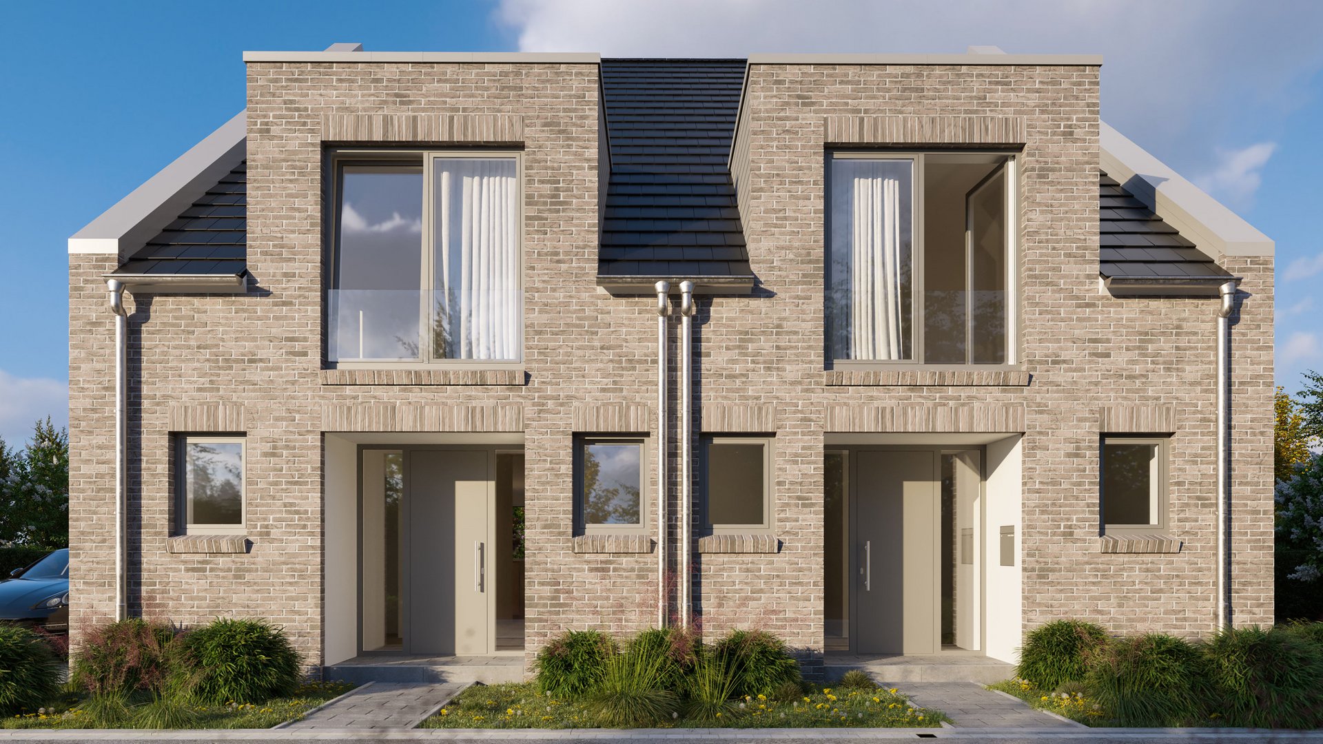 Frontansicht der modernen Doppelhaushälfte mit großen Fenstern und klarer Linienführung.