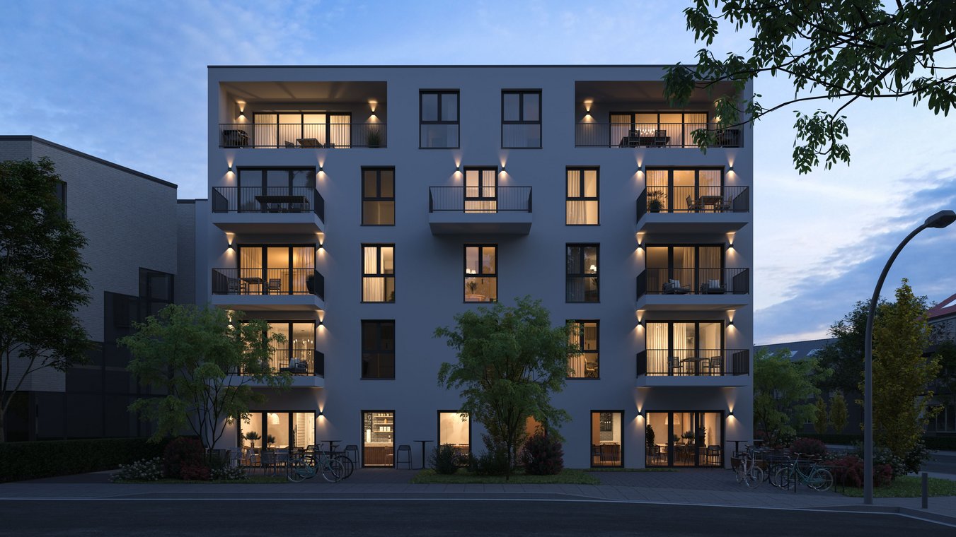 Architekturvisualisierung der Villa Aurelia bei Abendstimmung – beleuchtete Balkone und Fenster verleihen dem modernen Wohngebäude eine warme und einladende Atmosphäre.