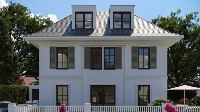 Κομψή λευκή βίλα με παραδοσιακή στέγη και παντζούρια, αποτυπωμένη σε μια υψηλής ποιότητας 3D απεικόνιση από την gmsvision.