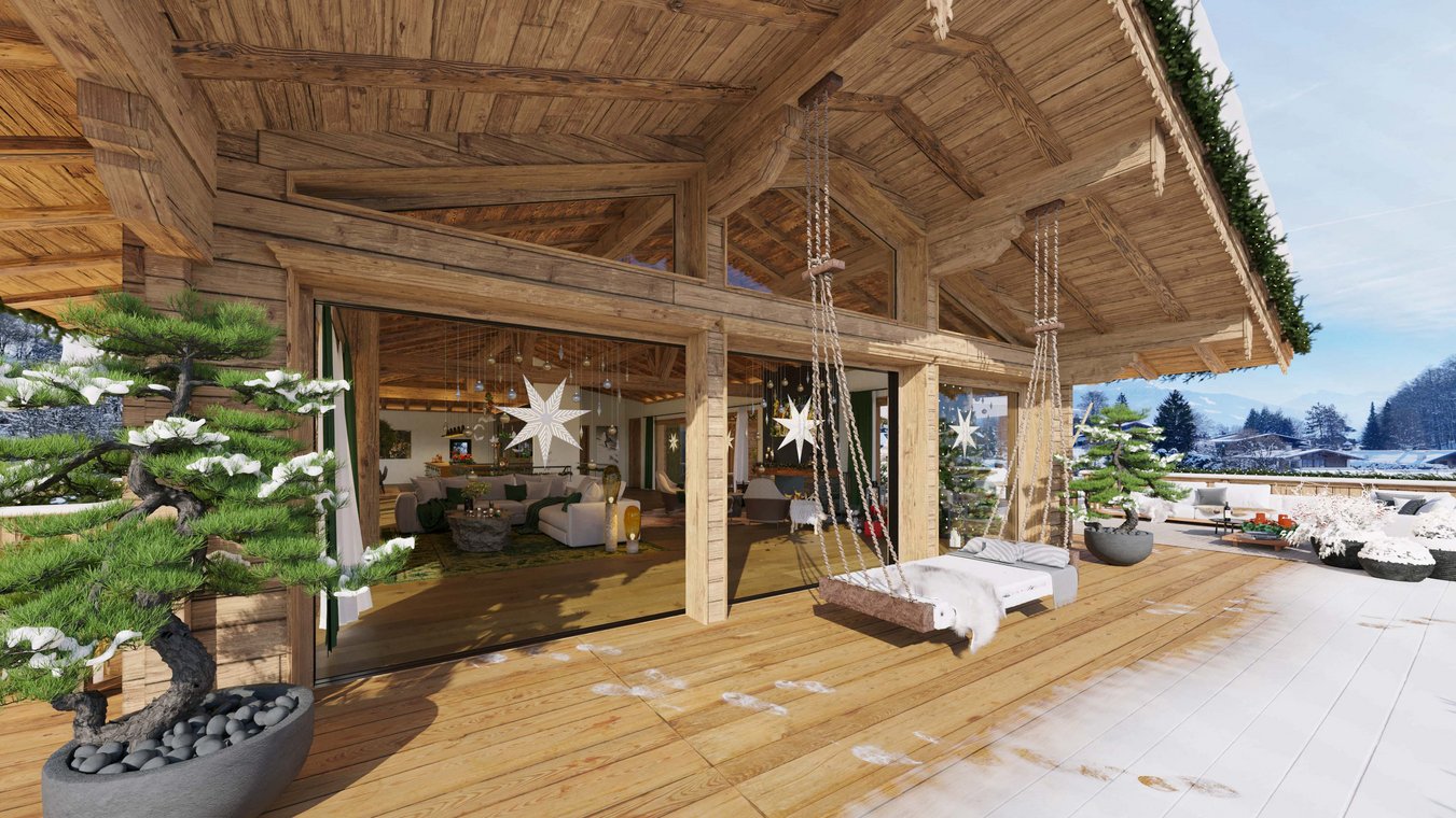 3D Visualisierung einer winterlichen Chalet-Terrasse in Kitzbühel, ausgestattet mit modernen Loungemöbeln und verschneiter Bergkulisse.