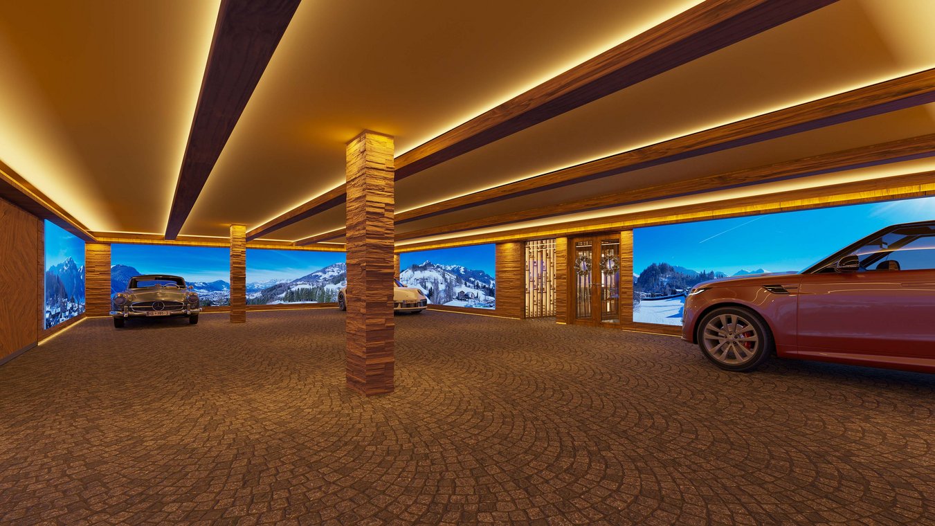 3d visualisierung einer luxuriösen Tiefgarage mit Oldtimern, modernen Autos und Panoramabildern der Alpen.