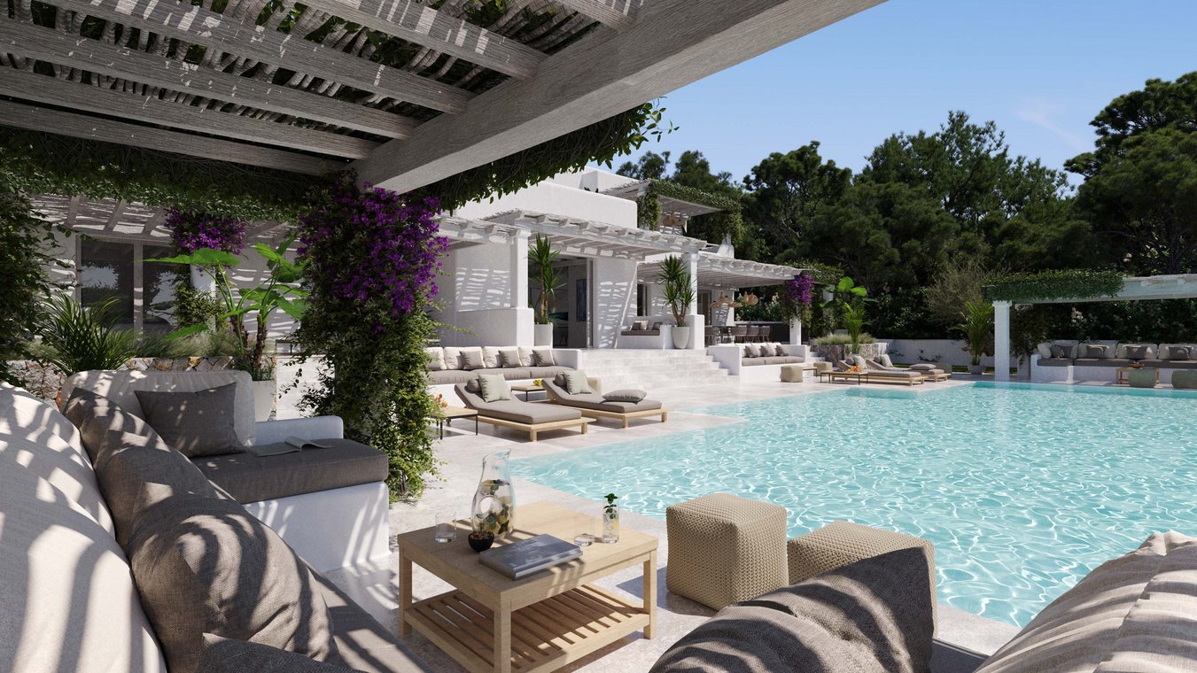Architekturvisualisierung des Poolbereichs einer Ibiza-Villa mit gemütlichen Lounges, schattenspendender Pergola und exotischen Pflanzen.