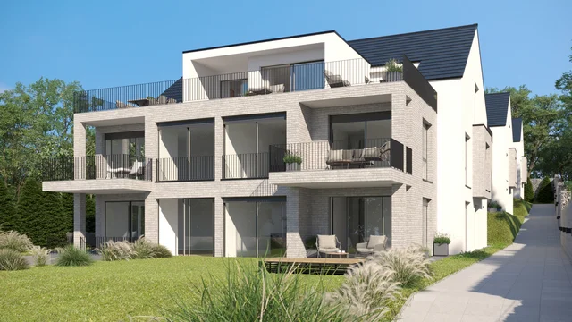 Moderne Mehrfamilienhaus-Architektur mit großen Glasfronten, Balkonen und Garten, realistische 3d visualisierung von gmsvision