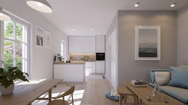 3D Visualization of a modern Baltic Sea holiday apartment featuring a bright living and dining area with wooden furniture, minimalist kitchen, and blue sofa.