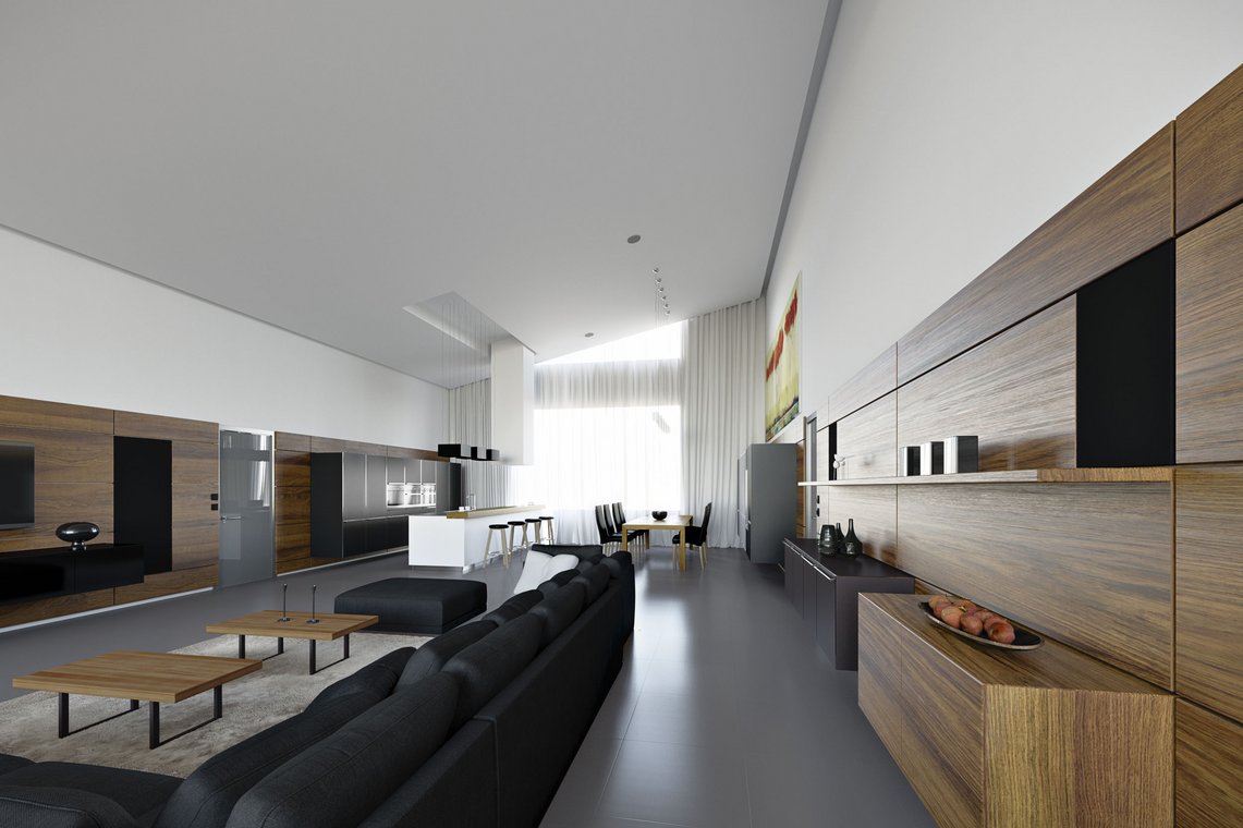 Architekturvisualisierung einer modernen Villa mit stilvoller Wandverkleidung aus Holz, offener Küche mit Kochinsel und eleganter Essbereich mit großen Fenstern.