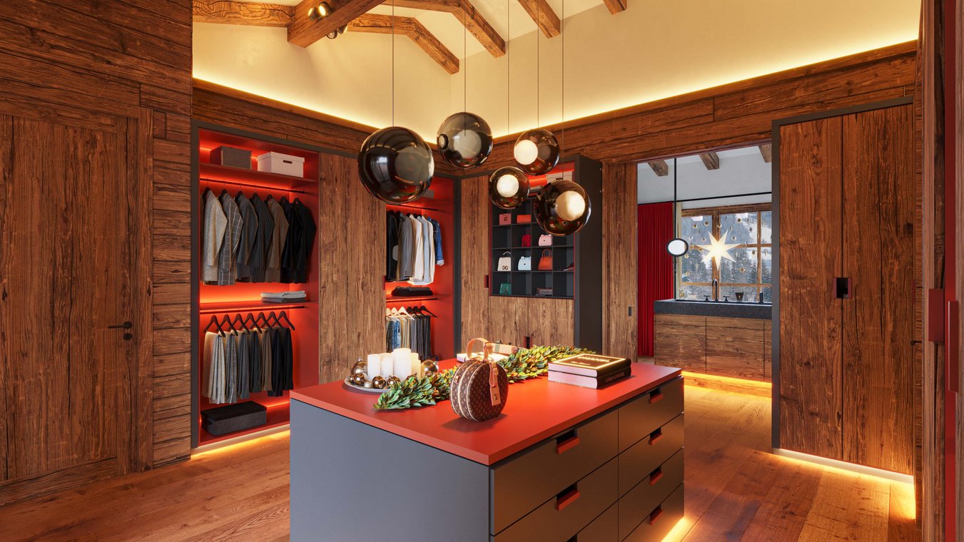 3d visualisierung eines modernen Ankleidezimmers mit Maßanzügen, zentraler Kommode und eleganter Beleuchtung.
