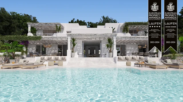 3D-Visualisierung einer luxuriösen weißen Villa auf Ibiza mit großem Pool, mediterraner Architektur und eleganten Outdoor-Lounges – erstellt von gmsvision. Gewinner der European Property Awards 2023–2024 für Architektur und Wohnentwicklung.