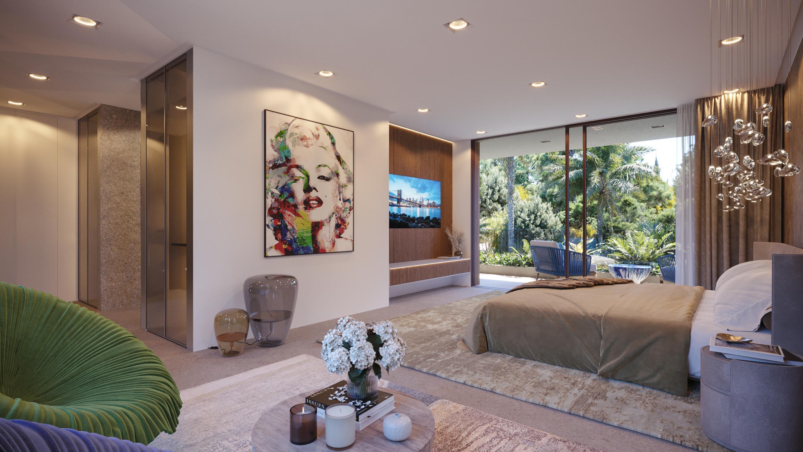 Fotorealistische 3D-Visualisierung eines modernen Master-Schlafzimmers des Clarity Projekts mit bodentiefen Fensterfronten zum Garten, Design-Sessel, abstrakter Kunst und Wandpaneel mit TV.