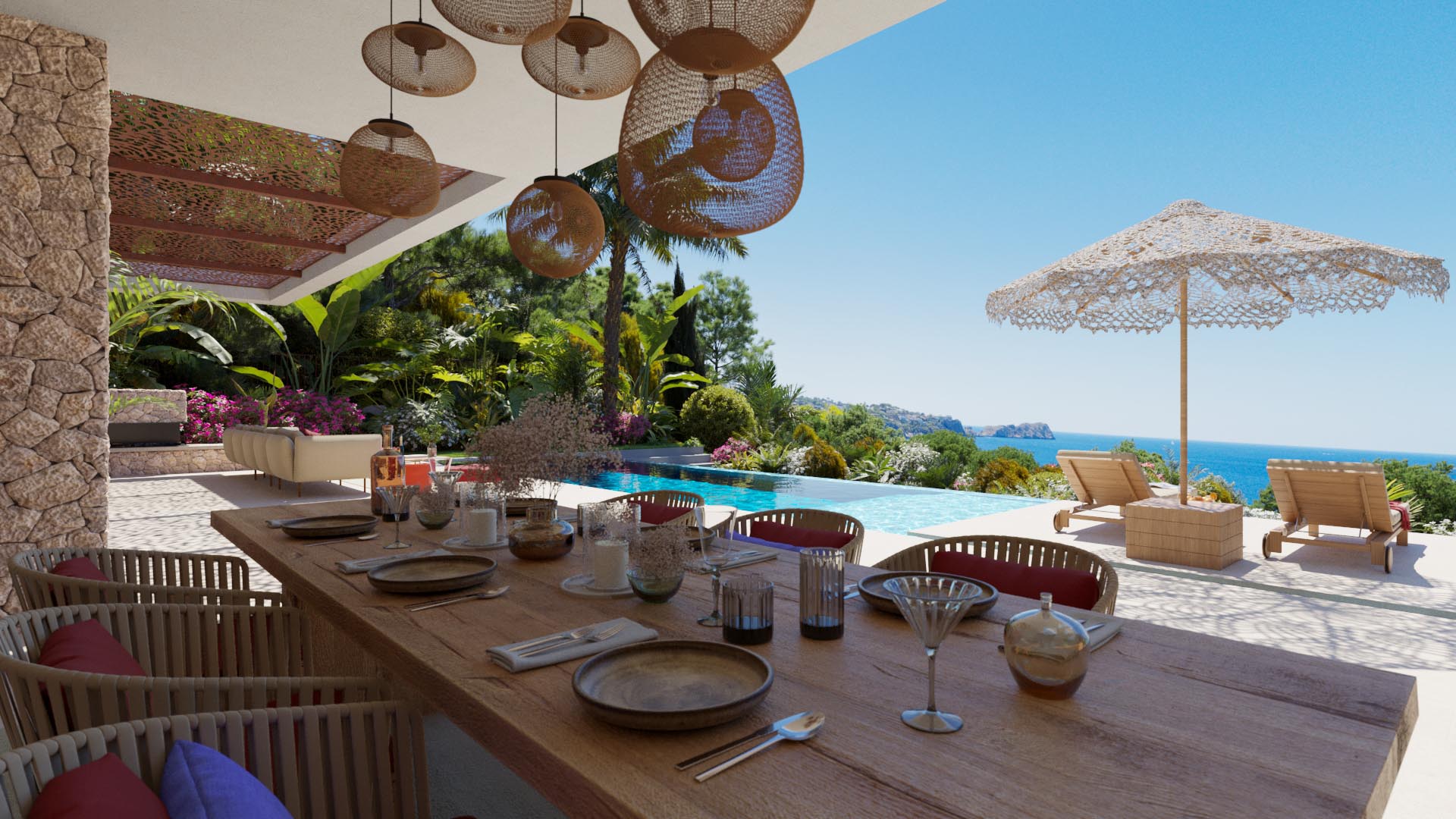 3D-Visualisierung einer modernen überdachten Terrasse mit gedecktem Esstisch, Blick auf einen Infinity-Pool, Sonnenliegen und Meerpanorama, umgeben von üppiger mediterraner Bepflanzung.