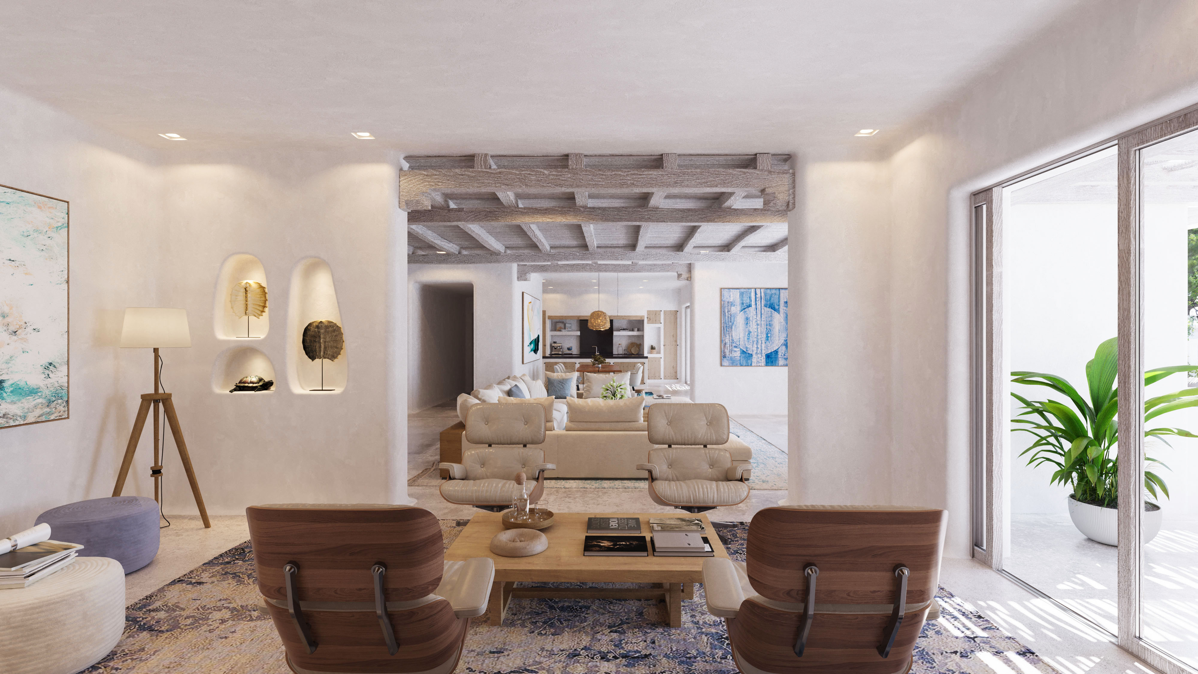 Fotorealistische 3D-Visualisierung eines mediterranen Wohn- und Lounge-Bereichs im Hippiements Village auf Ibiza mit gemütlichen Sesseln, heller Sofalandschaft, sichtbaren Holzbalken und Zugang zur Terrasse, erstellt von gmsvision.